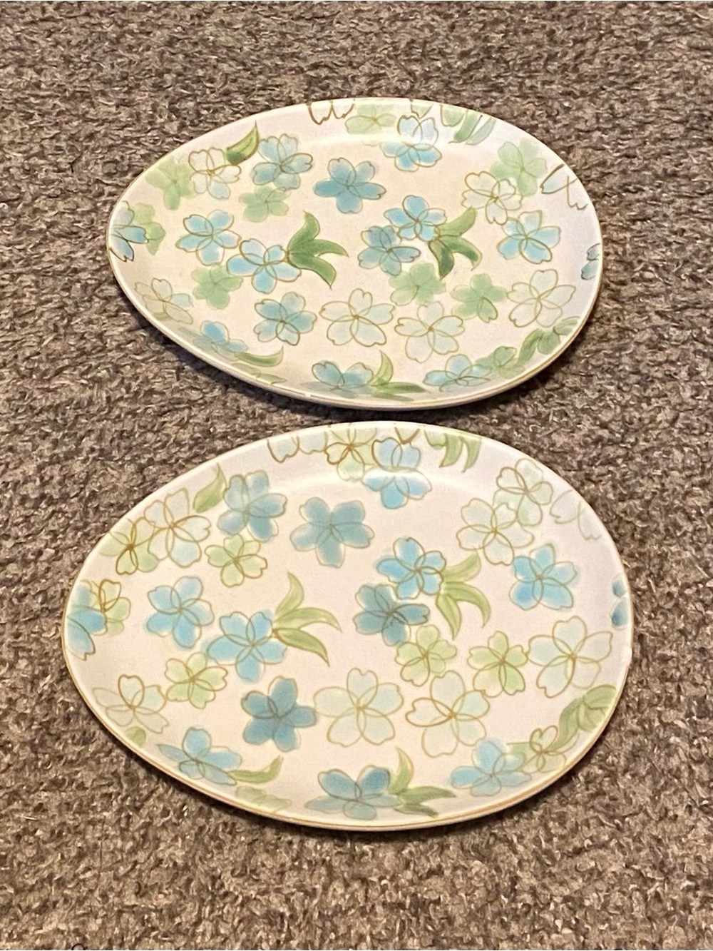 Vintage Pottery Barn Set of 2 Floral Oval Easter Egg Plates Blue and Green